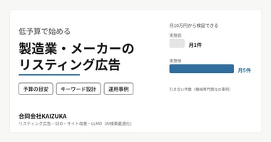 低予算で始める製造業・メーカーのリスティング広告。予算の目安・キーワード設計・運用事例を解説。合同会社KAIZUKA